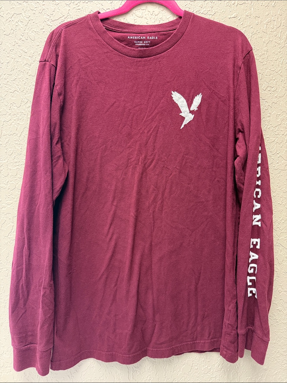 American Eagle Outfitters Men's Large Burgundy Long-Sleeve Tee White Eagle Logo